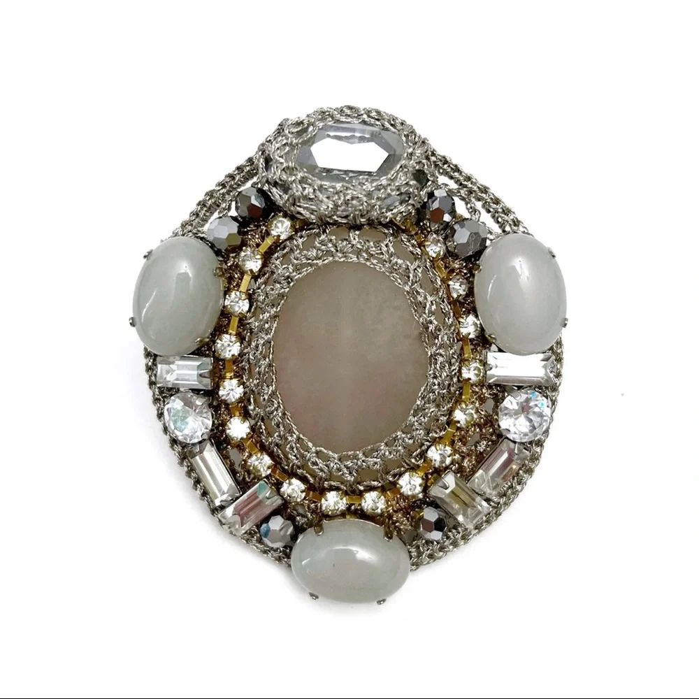 Ottaviani Bijoux Metallic Silver Crochet Cabochon Rhinestone Crystal Brooch